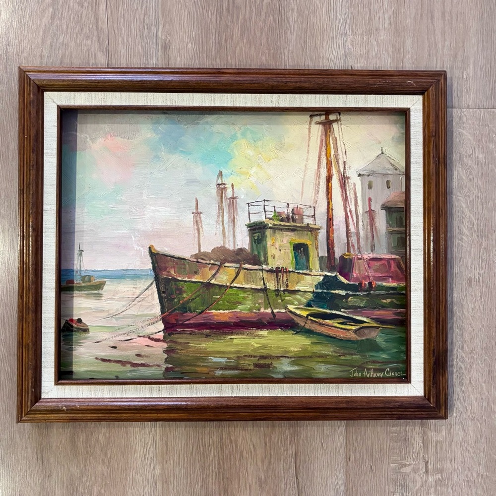 John Anthony Conner Original Oil On Board Painting -‎ Los Angeles Harbor, Framed